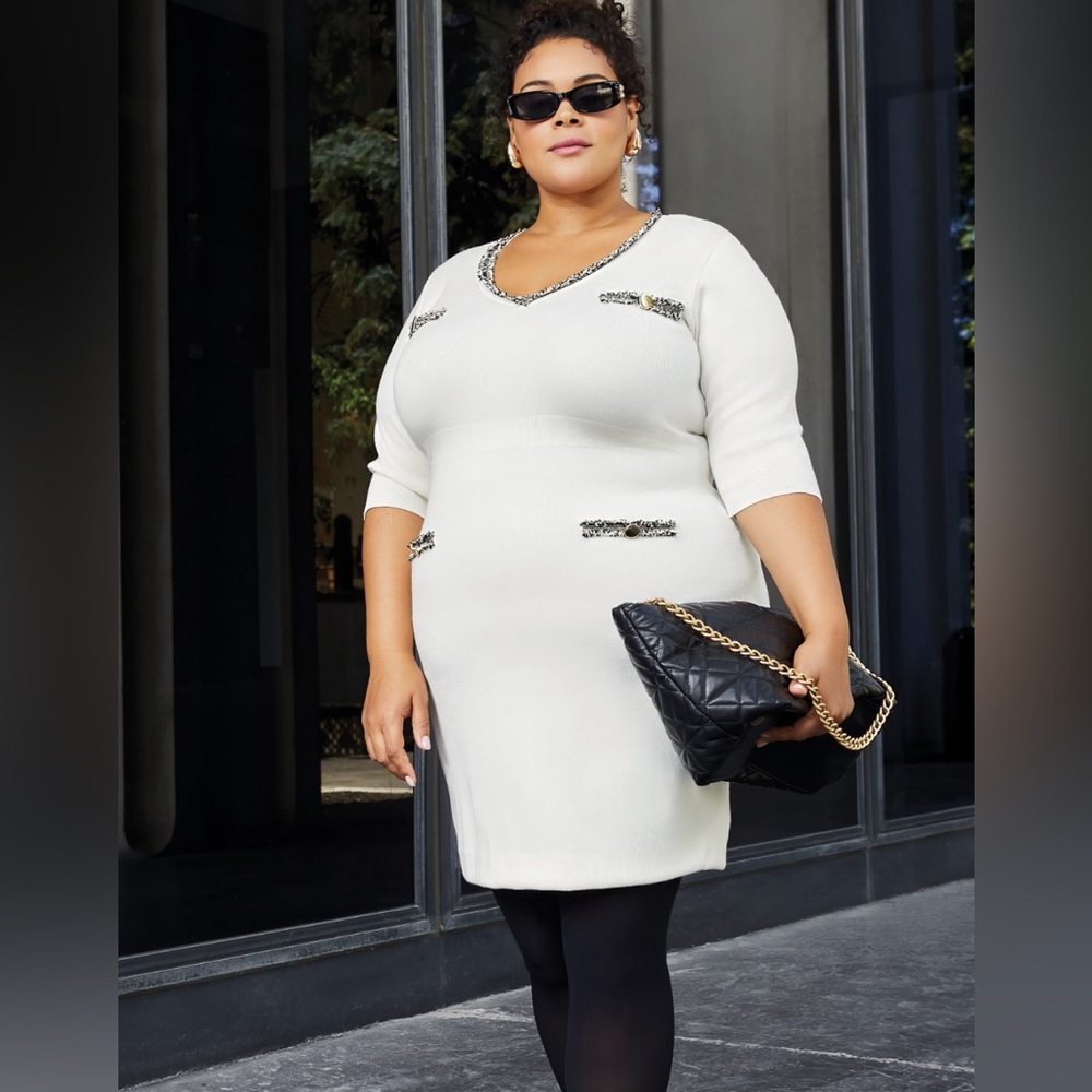 Ashley Stewart Ivory Embellished Long Sleeve Dress